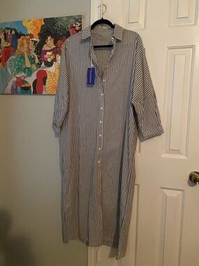 Chou Yatou Striped Blue & white Button-Down Small Maxi Shirt Dress